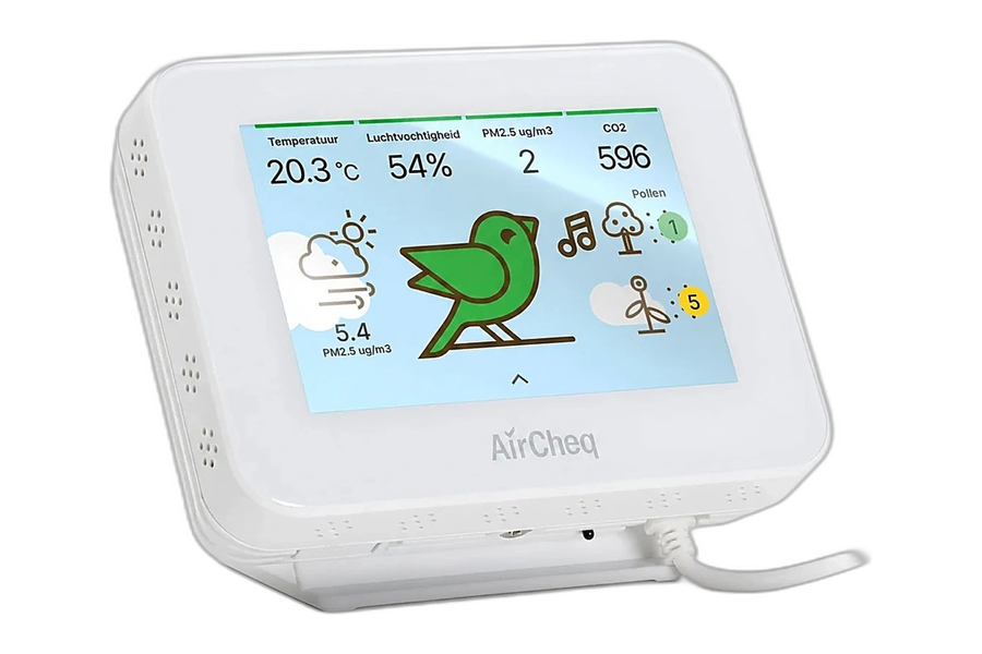 AirCheq Canairy Home met CO2 en fijnstof PM2.5 op het scherm