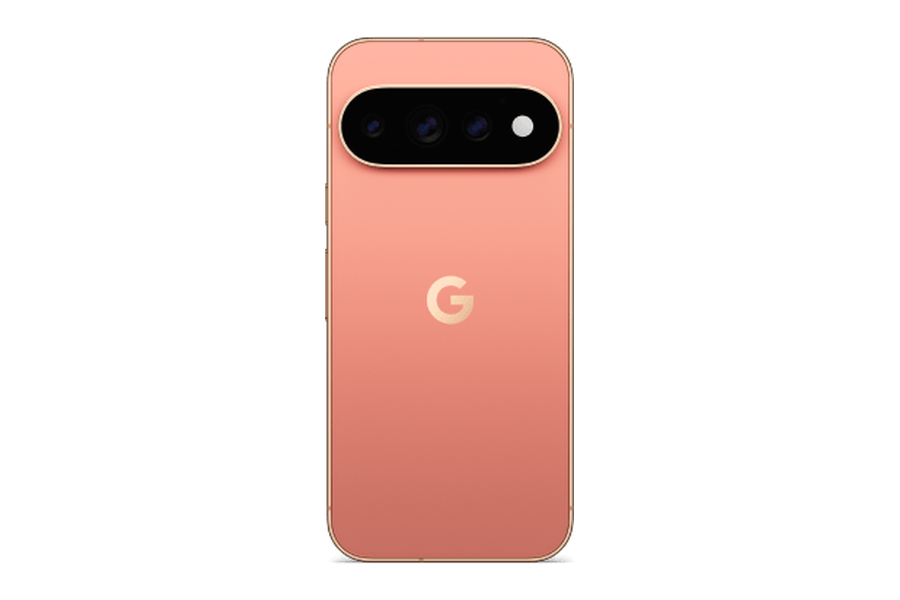 Google Pixel 11 Pro in de kleur Canyon, achterkant met drie camera's