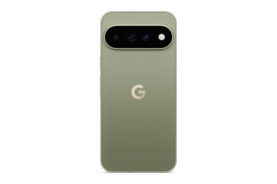 Google Pixel 11 Pro XL in de kleur Olijf, achterkant met drie camera's
