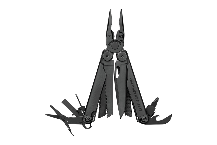 Leatherman Wave+ multitool in zwart met uitgeklapte tang en gereedschappen