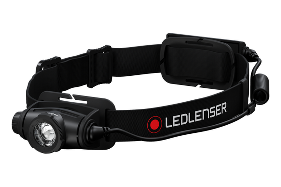 Ledlenser H5R Core hoofdlamp met accu achterop de band