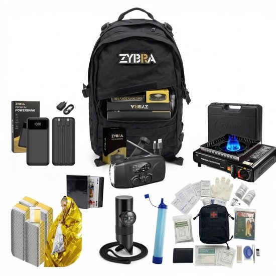Zybra Premium noodpakket rugzak met powerbank en noodradio