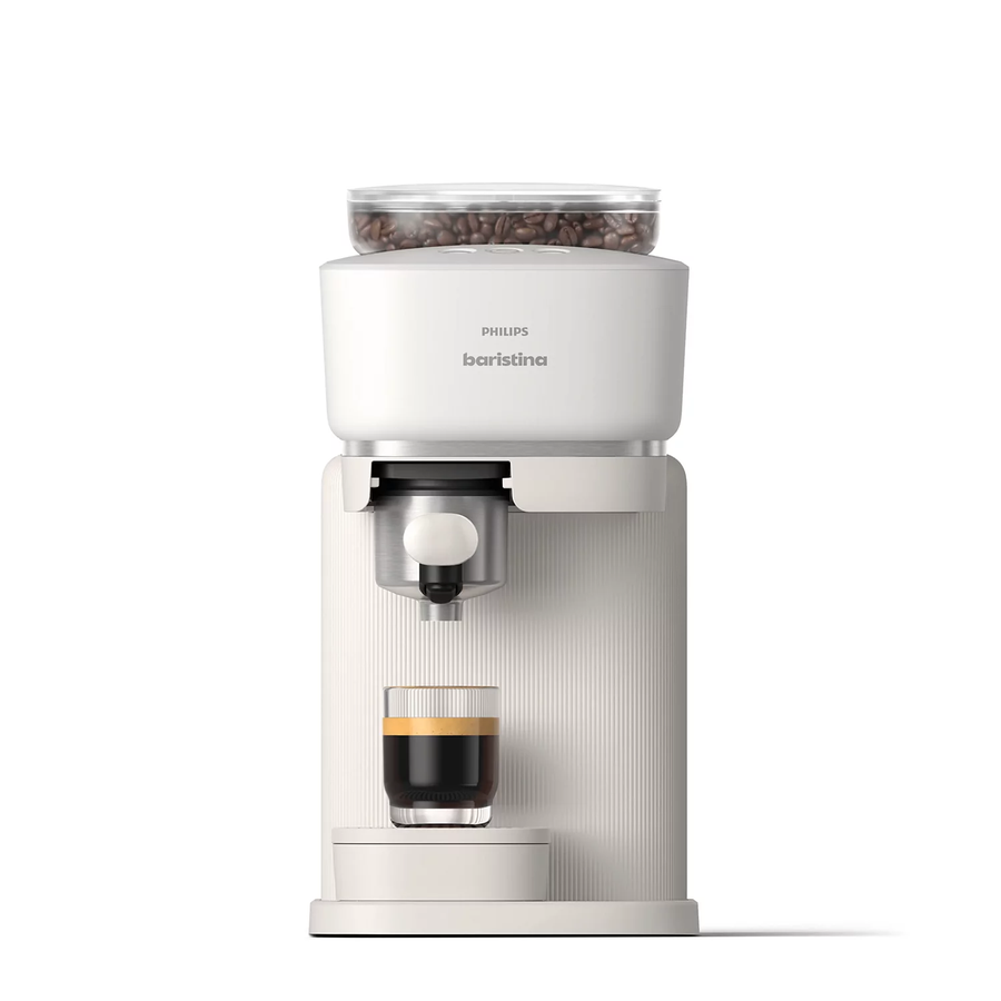 Philips Baristina BAR305 espressomachine in het wit, vooraanzicht met espressoglas