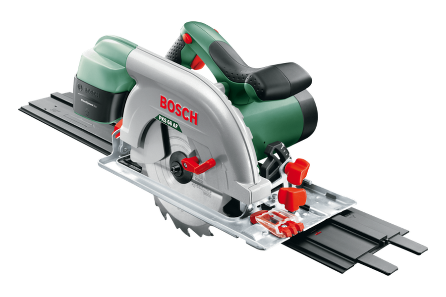 Bosch PKS 66 AF handcirkelzaag op de meegeleverde geleiderail