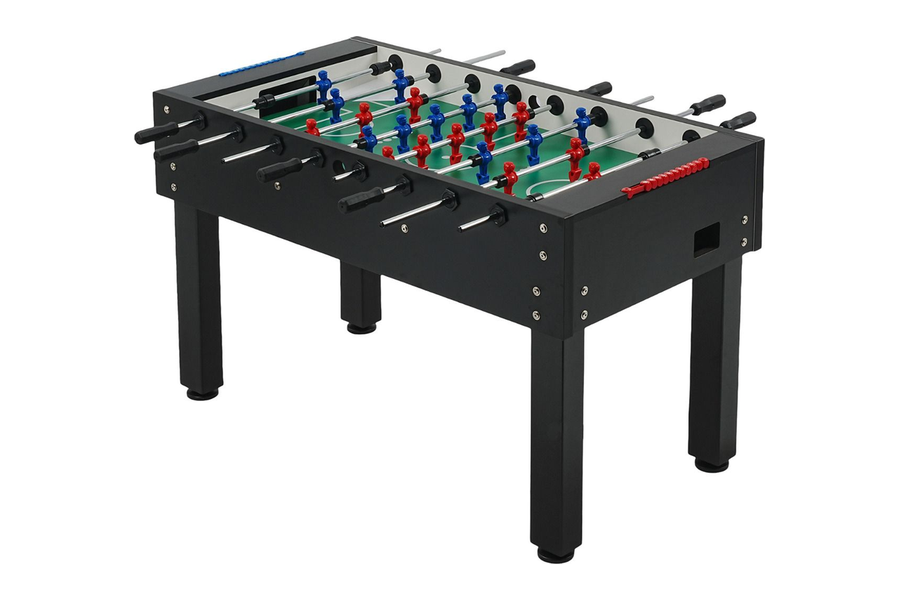 Zwarte Buffalo Competition voetbaltafel met stalen poten en rode en blauwe poppen