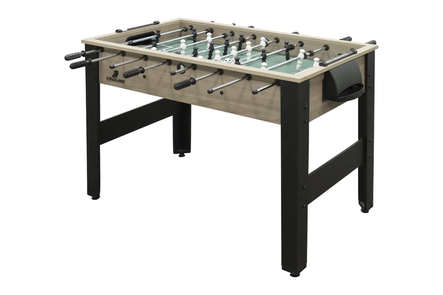 Cougar Spin Kick voetbaltafel in eiken en zwart met zwarte en witte poppen