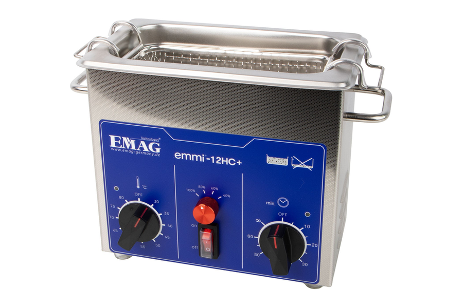 Emag Emmi-12 HC Plus ultrasoon reiniger met blauw bedieningspaneel en korf