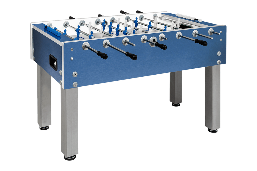 Blauwe Garlando G-500 Weatherproof buitenvoetbaltafel met witte en blauwe poppen