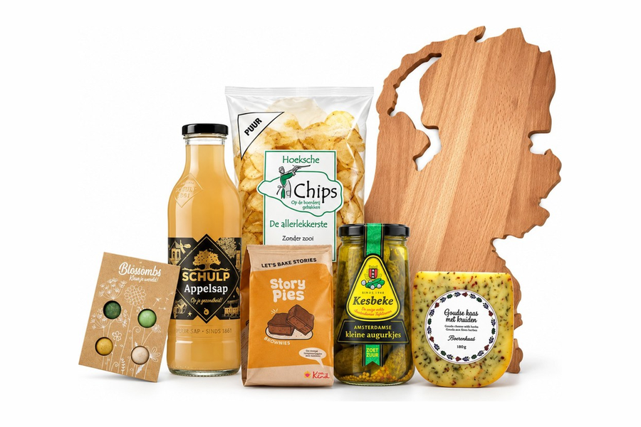 GreenGiftBox kerstpakket Van Nederlandse Bodem met snijplank in de vorm van Nederland
