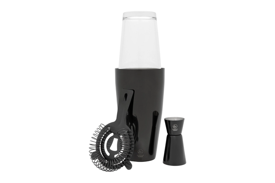 Leopold Vienna Acolon Boston shaker in zwart met zeef en jigger